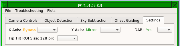 A screenshot of the Tip Tilt GUI's Settings tab.