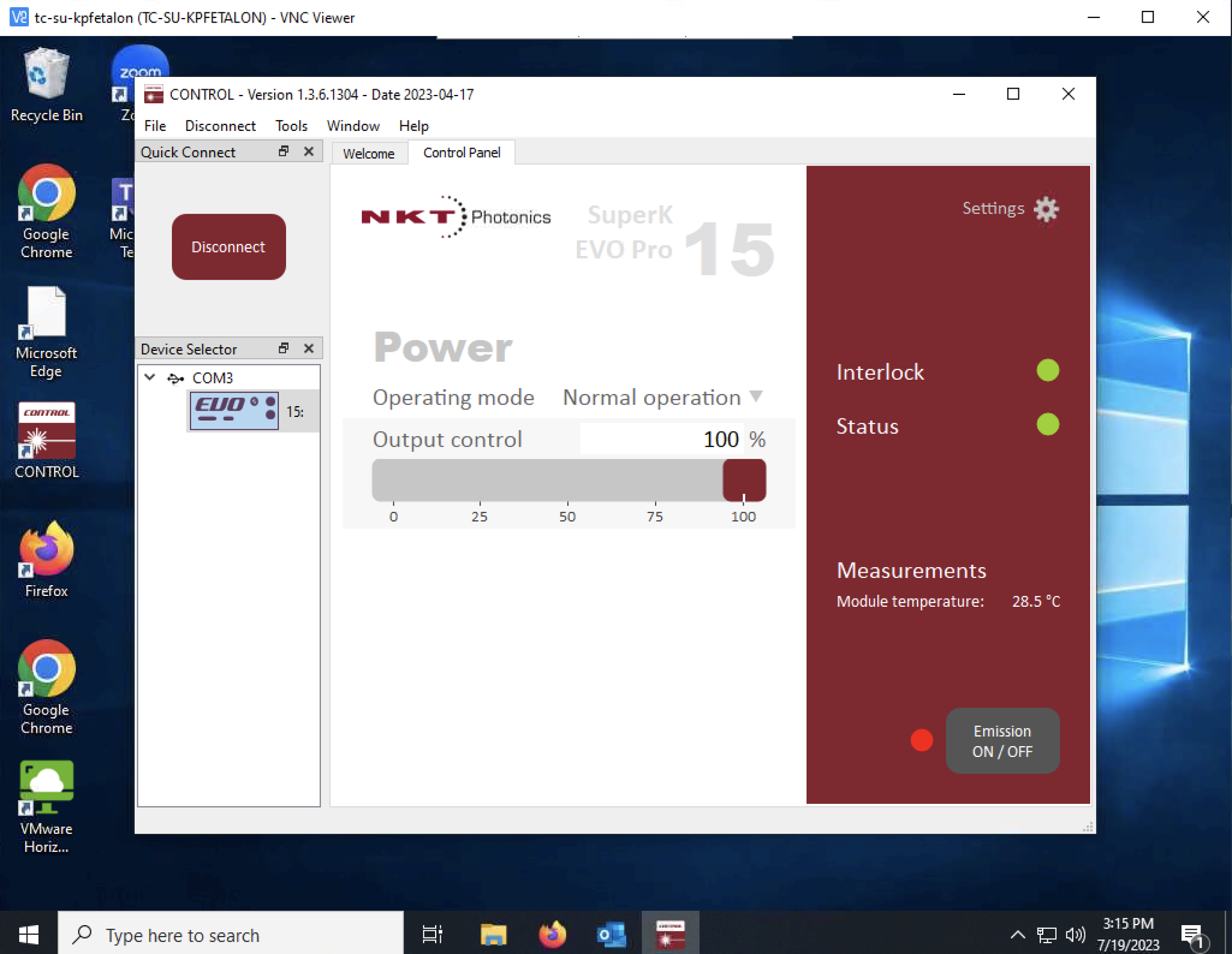 Screenshot of the NKT CONTROL software for the SuperK running on tc-su-kpfetalon.